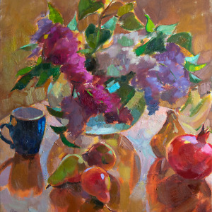 Still life painting with lilac, pears, bananas, pomegranate and a blue mug