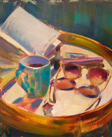 Still life painting with sunglasses, lipstick, an open book, and a cup of tea