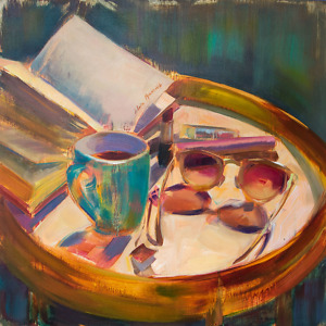 Still life painting with sunglasses, lipstick, an open book, and a cup of tea