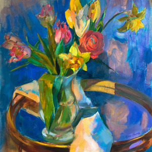 Tulips in a glass vase on cobalt blue background, painted with oil