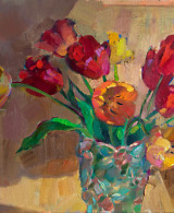 Red and orange tulips in a vase on ocher background, painted with oil