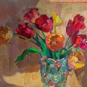 Red and orange tulips in a vase on ocher background, painted with oil