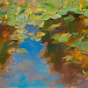 Water lilies and reflection in the pond, painted with oil