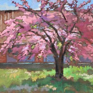 Pink blossoming apple tree and a house behind it, painted with oil