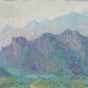 Mountains in a light blue mist painted with oil on canvas