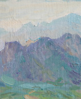 Mountains in a light blue mist painted with oil on canvas