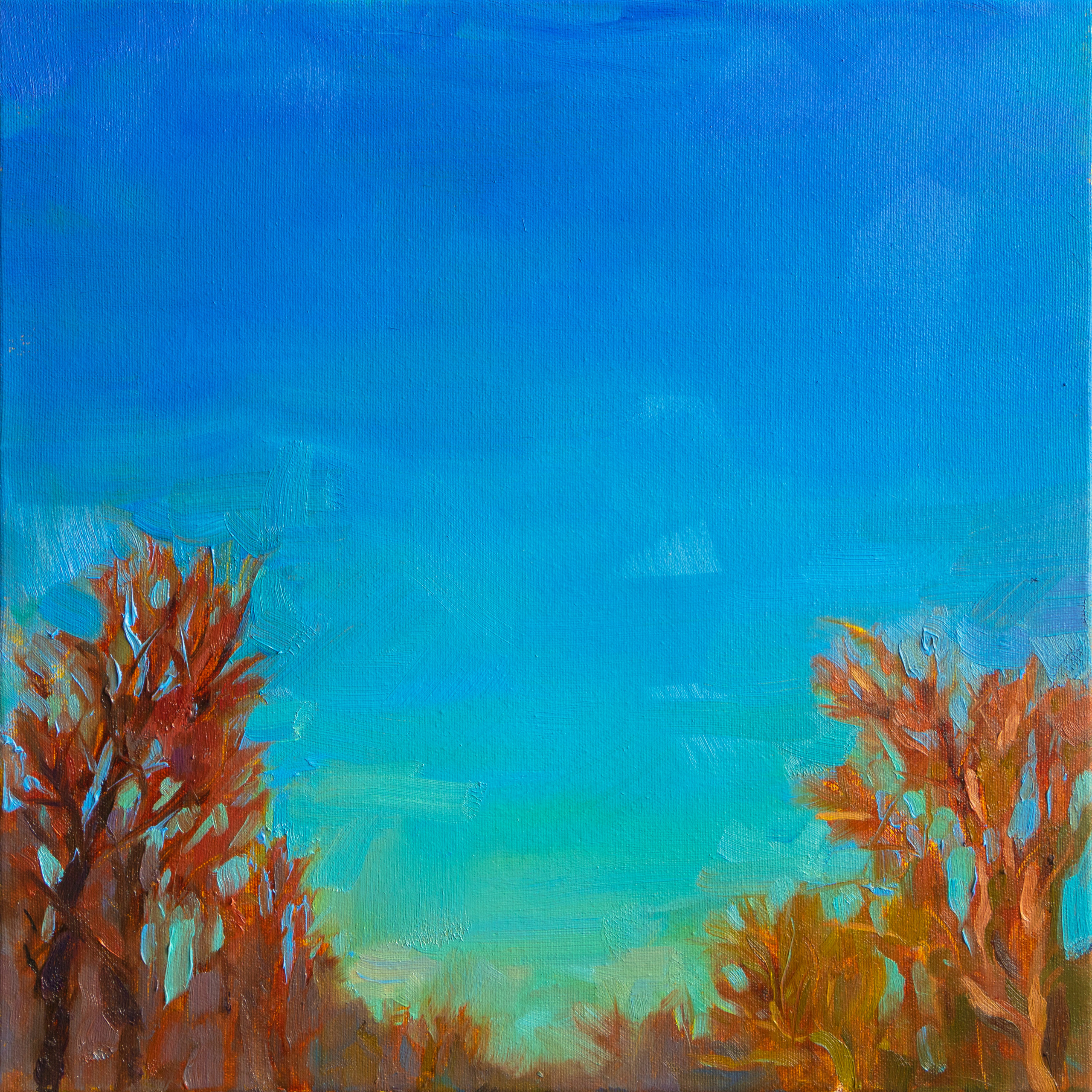 Oil painting of a blue sky and trees