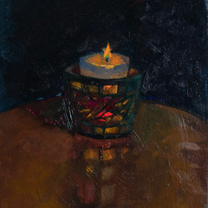 Painting of a burning candle on a dark blue background