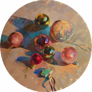 Still life painting of Christmas ornaments in red, pink and gold colors