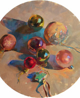 Still life painting of Christmas ornaments in red, pink and gold colors