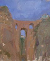 A bridge connecting two cliffs painted with oil on canvas