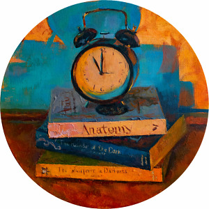 Still life with books and a vintage clock, painted with oil