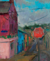 A street lined with charming, colorful houses, painted with oil on canvas