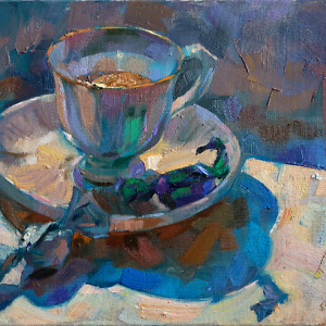 A cup of coffee with candies in the sunlight, painted with oil on canvas