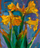 Oil sketch of yellow Daffodils on blue background