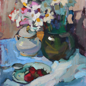 Still life painting of daisies, strawberries and a sugar bowl