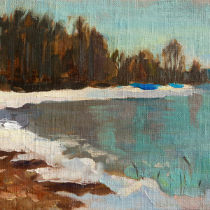 Landscape painting of a river in early spring with snow and ice