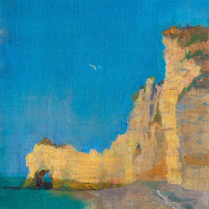 Oil painting of cliffs in Etretat in yellow and blue colors