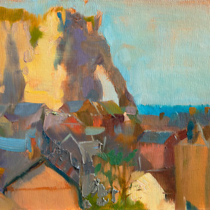 Cliff in Etretat, France, with rooftops in front. Painted with oil on canvas