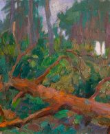 A fallen tree in the forest after the storm painted with oil on canvas