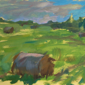 Landscape painting of a green field with hay bales