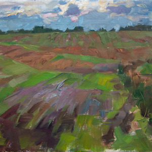 Landscape painting of a field disappearing into the distance