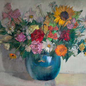 Bouquet of colourful flowers in an emerald vase painted on a light grey background