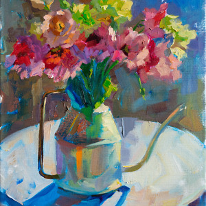 Artwork depicting flowers in a watering can, painted with oil on canvas