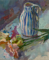 Still life painting of flowers and an empty vase in cool tones