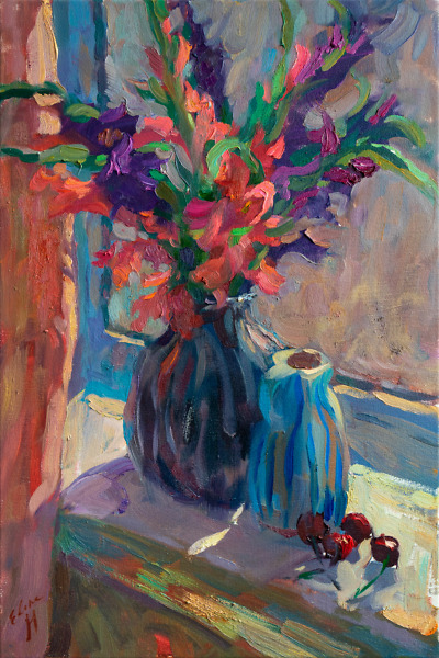 Gladioluses and Cherries painting by Elena Morozova
