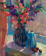 Oil painting with flowers and cherries on the windowsill, illuminated by sunlight