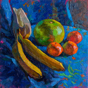 Still life painting with fruit and a ceramic creamer on a bright blue background