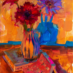 Oil painting of Gerbera flowers and books in vivid colors