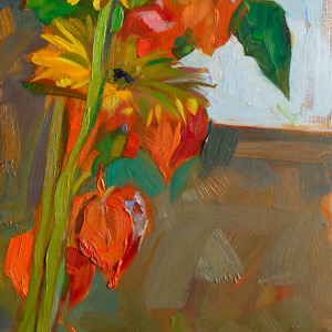 Oil painting of gerbera flowers and physalis plant