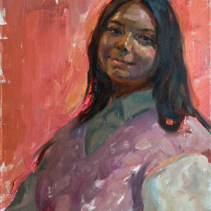 Portrait painting of a young woman on a pink background, smiling softly