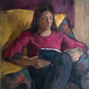 Portrait painting of a girl reading a book