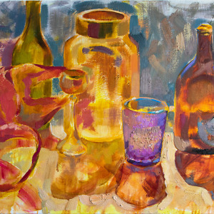 Colourful still life painting with glass bottles, drinking glasses and a pink plastic bag