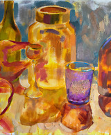 Colourful still life painting with glass bottles, drinking glasses and a pink plastic bag