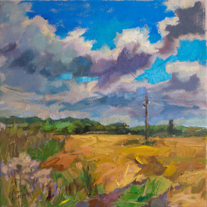 Landscape painting of a golden field and blue sky with clouds