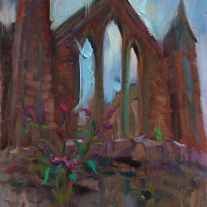 A gothic abbey captured in an en plein air painting, depicting the architectural details of the abbey against the sky