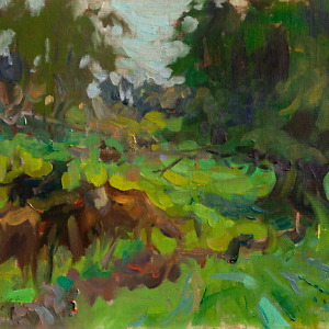 A dynamic landscape painting depicting cows grazing in the field