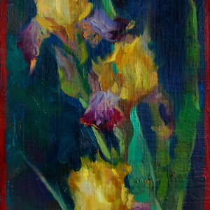 A painting inspired by Japanese prints featuring three yellow irises set against a deep, dark blue background