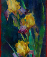 A painting inspired by Japanese prints featuring three yellow irises set against a deep, dark blue background