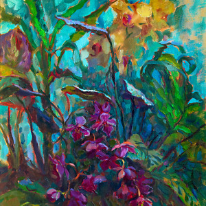 Oil painting of a jungle with orchid flowers in green and blue colors