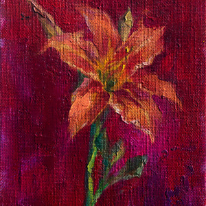 A vibrant painting of a single lily flower depicted against a rich background blending tones of red and magenta