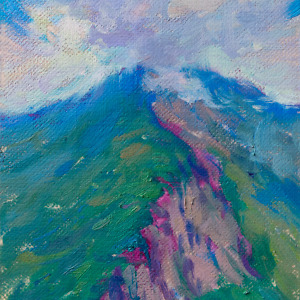 Mountain and clouds painted with oil