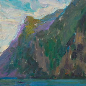 Mountain and a lake painted with oil on canvas