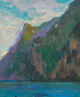 Mountain and a lake painted with oil on canvas