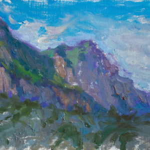 Oil painting of mountains, painted in an impressionistic style