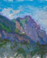 Oil painting of mountains, painted in an impressionistic style